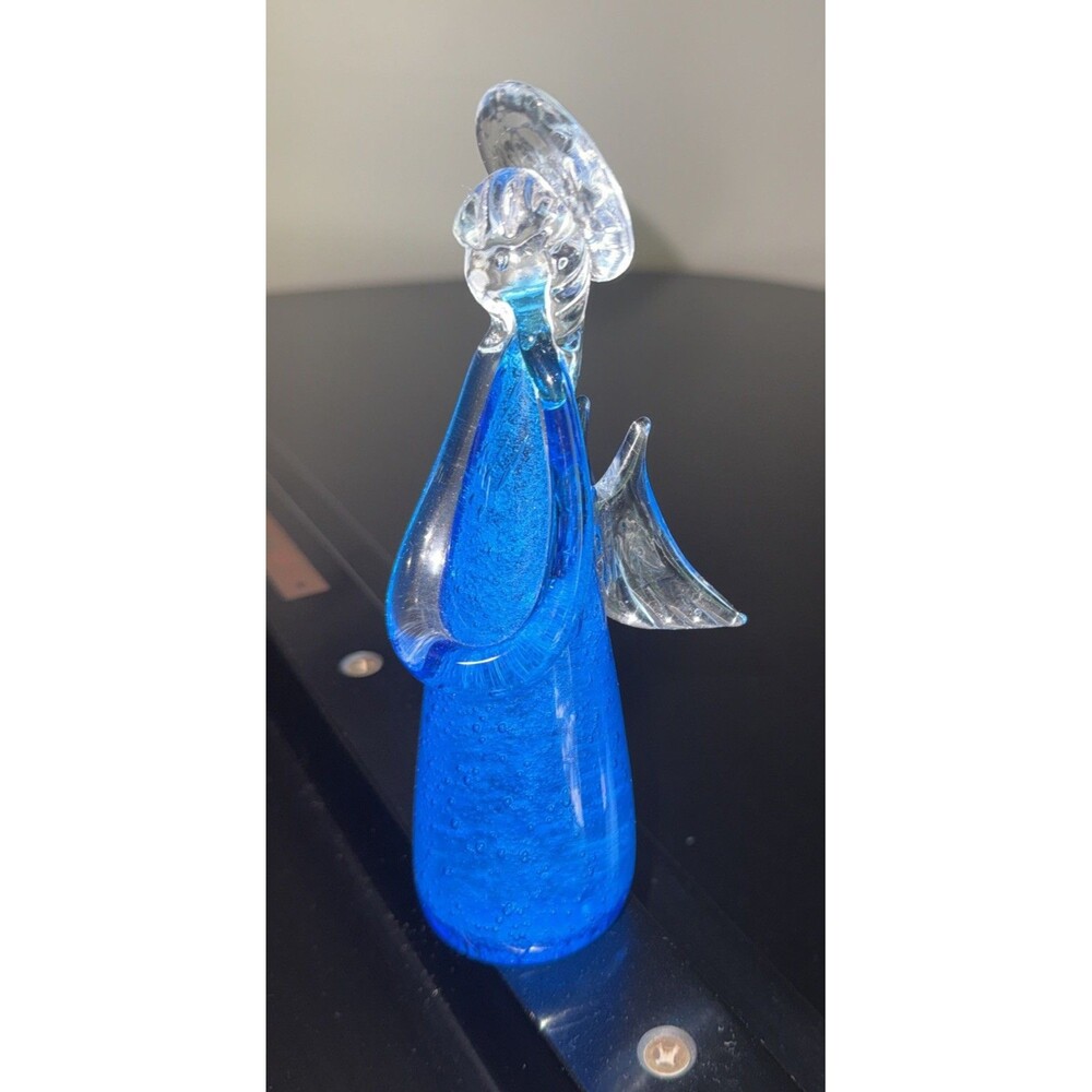 Vintage Murano Glass ANGEL Ocean BLUE with Bubbles Head Bowing In Prayer EUC